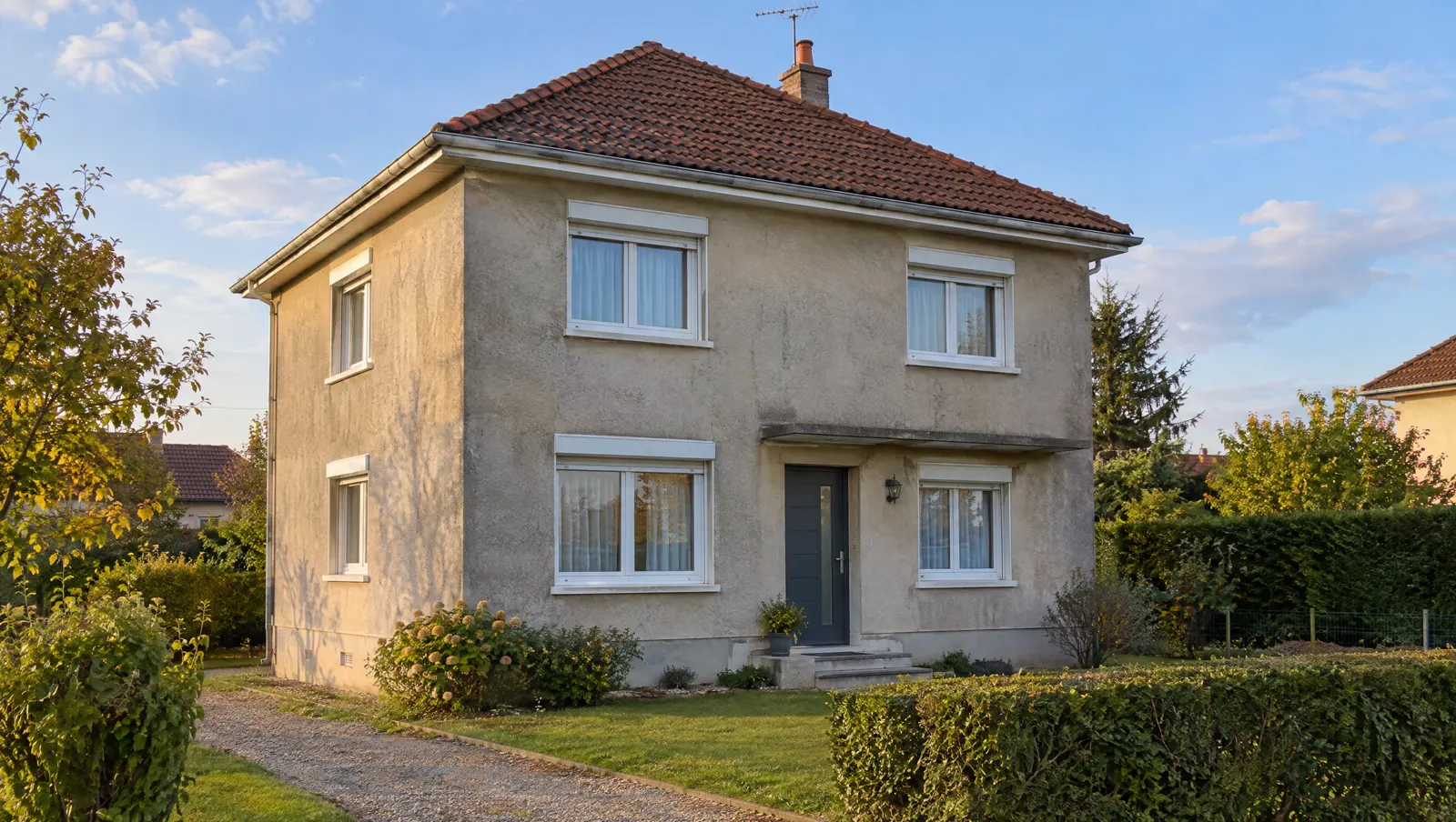 La maison avant les travaux : crépi gris d'origine, taché