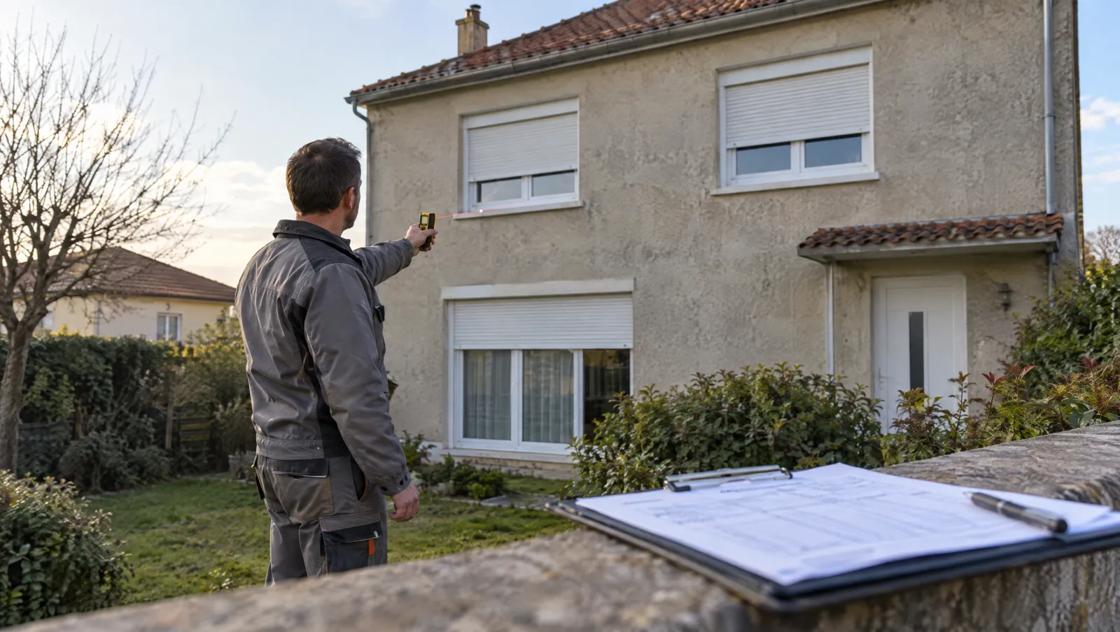 Un artisan mesure la façade d'une maison au télémètre laser avant d'établir son devis